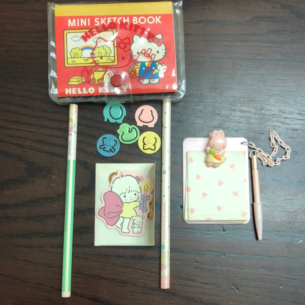 Sanrio vintage 6 piece multi character set Hello Kitty, Wee Marylou Button Nose